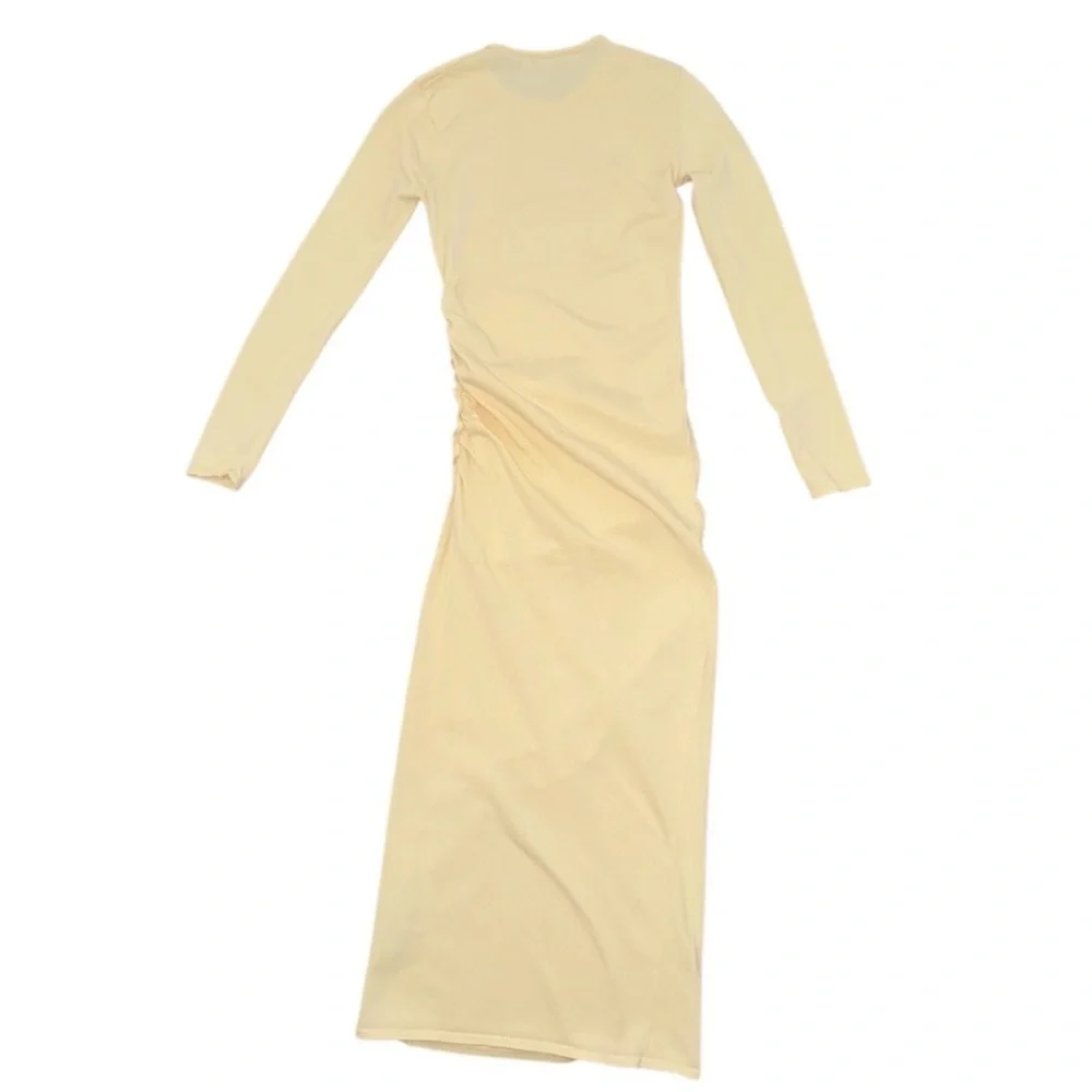 Zara Long-Sleeve Draped Knit Bodycon Minimalist Midi Dress, Beige Cream, Size‎ S - Picture 10 of 12